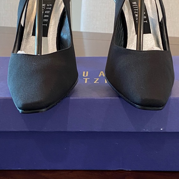 Stuart Weitzman Black Satin Slingbacks with Crystal Rhinestone Studded Heels - Picture 7 of 15